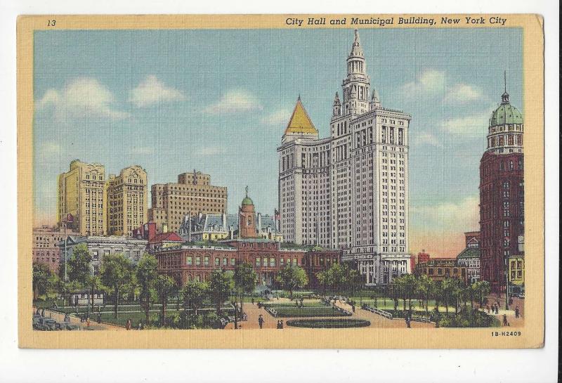 NY 1941 New York City Hall and Municipal Building Vtg Linen Postcard