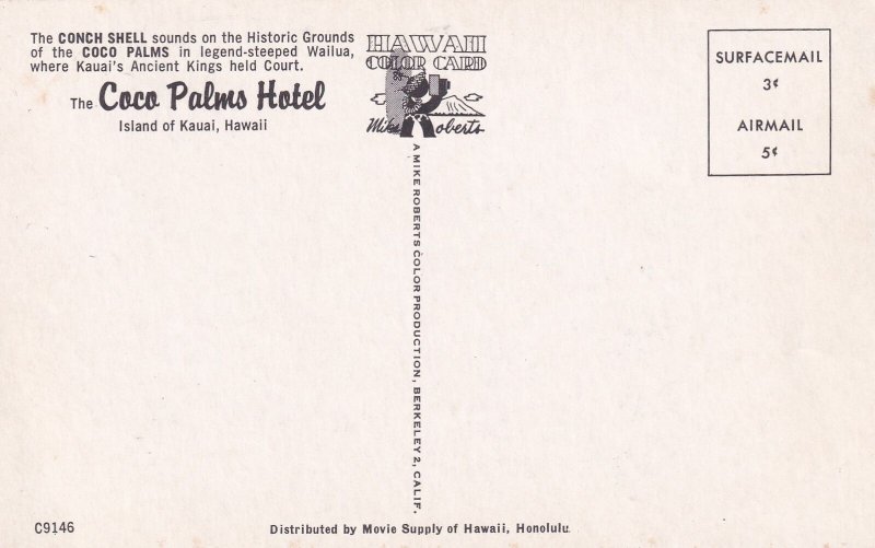 Coco Palms Hotel Hawaii HI Conch Shell Sounds Postcard C42