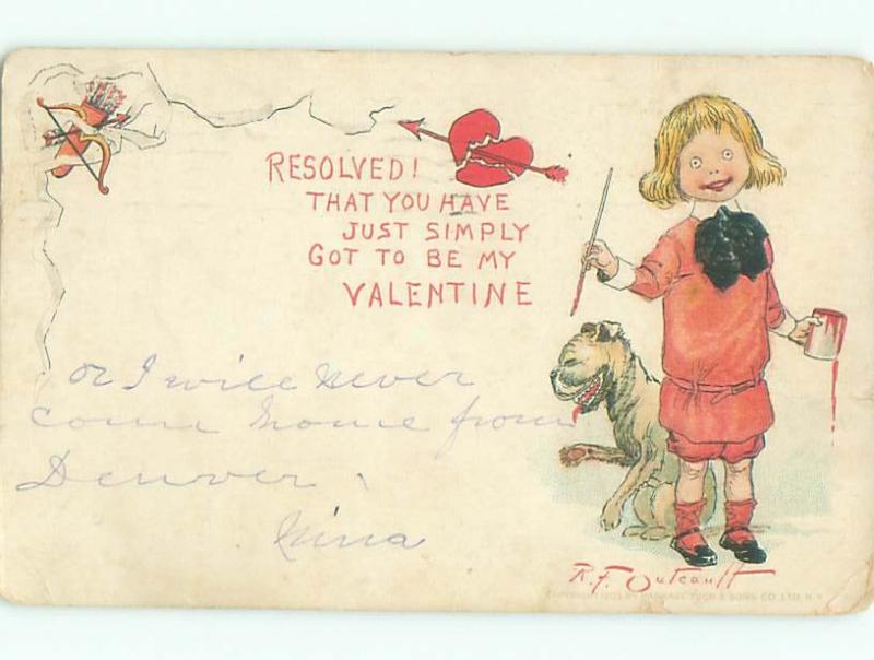 Pre-Linen Valentine signed OUTCAULT - DOG & BUSTER BROWN WITH PAINT CAN AB3225