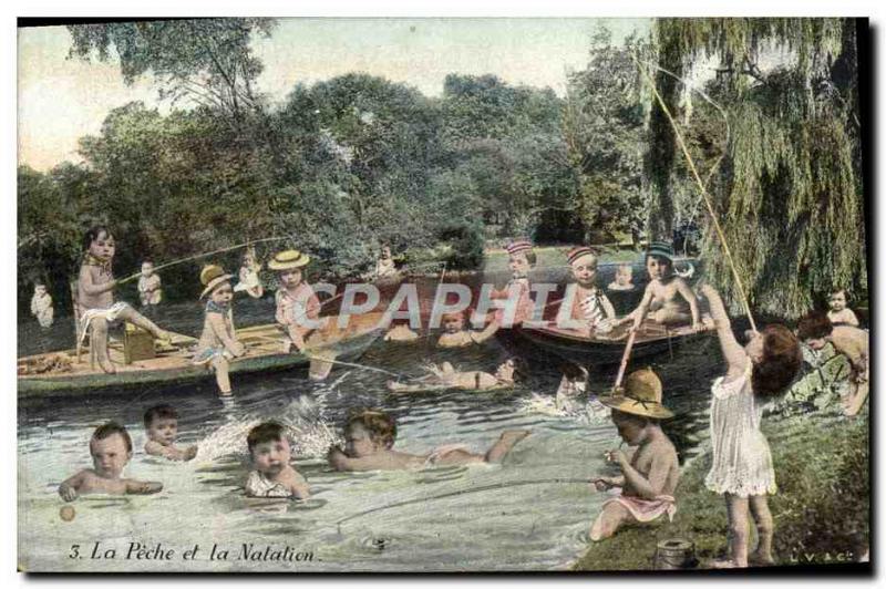 Old Postcard Children's fishing and swimming Fisherman