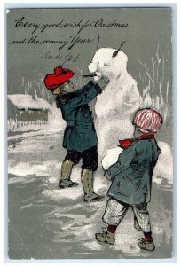 1906 Christmas Boys Snowman Embossed Chicago Illinois IL Antique Postcard