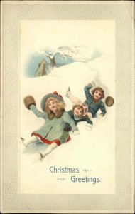 Christmas Children in Beautiful Vintage Clothing Play in Snow c1910 Postcard