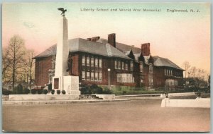 ENGLEWOOD NJ LIBERTY SCHOOL & WORLD WAR MEMORIAL HAND COLORED ANTIQUE POSTCARD