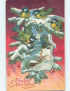 Pre-Linen new year BLUE AND GREEN BIRDS SITTING ON FROZEN PINE BRANCHES HL1292