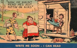 Vintage Postcard 1930's Write Me Soon I Can Read- No He Can't Read Family Comic