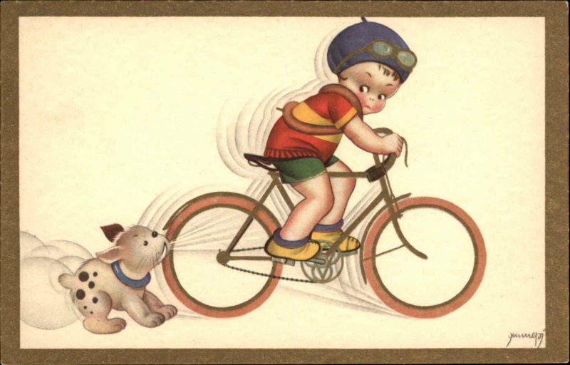 Art Deco Little Boy on Bicycle & Dog Italian Artist Signed Postcard