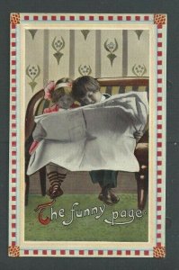 Ca 1915 Post Card Vintage Humor Children Reading The Funny Page Celluloid