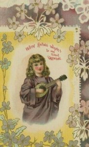 1870s-80s Embossed Victorian Valentine's Card Poem Lovely Child Lute *A