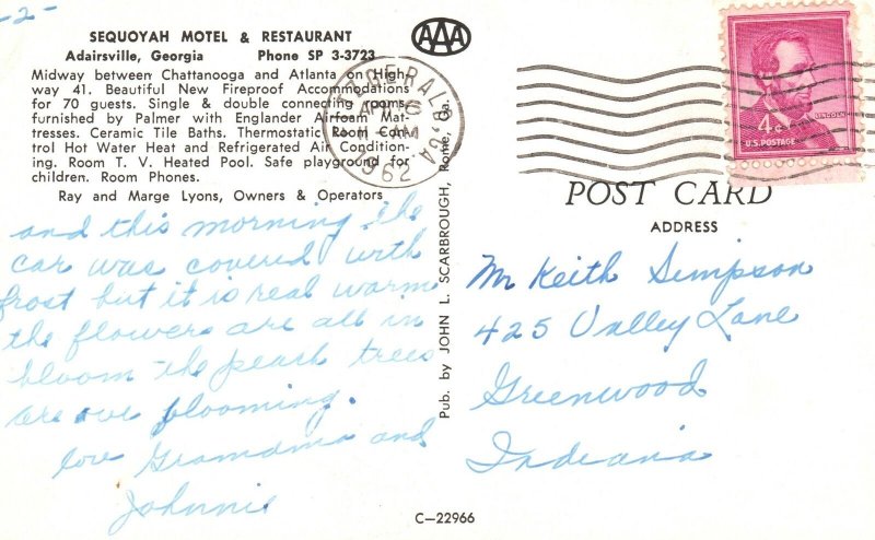 Vintage Postcard 1962 Sequoyah Motel Rooms & Restaurant Adairsville ...