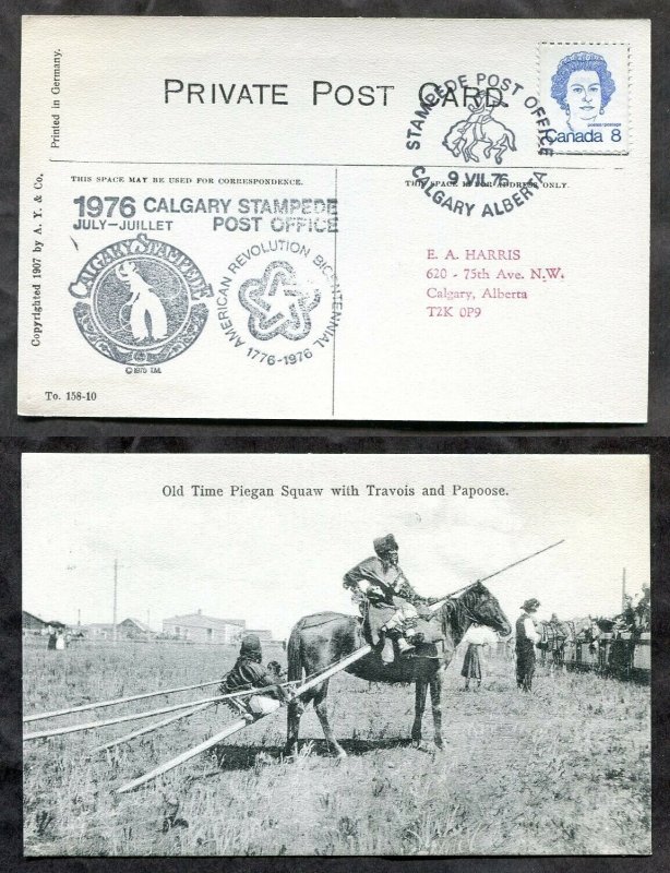 h3723 - Canada CALGARY STAMPEDE 1976 Special PO Cachet on old Postcard. Indians