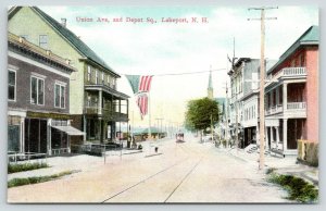 Lakeport Laconia NH~Sherman-Vernon? Flag~RR Depot~Trolley~Hotel? Balcony~c1910