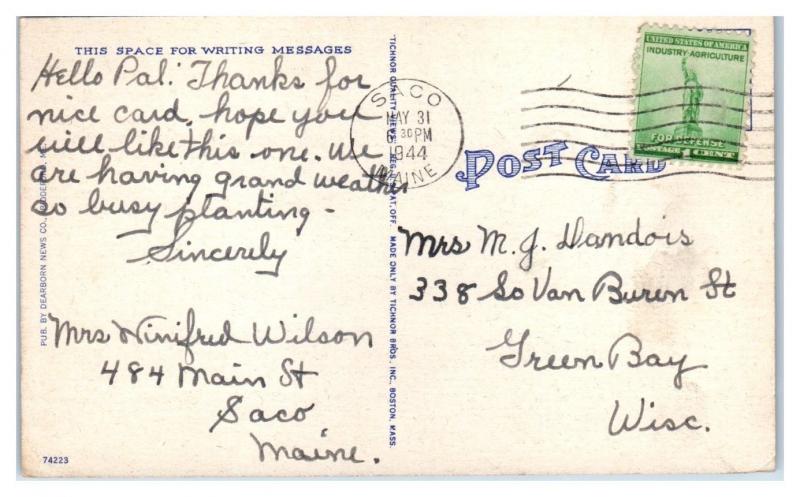 1944 Greetings from Biddeford and Saco, Maine Postcard