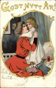 Godt Nytt Ar Happy New Year Mother and Child Little Girl c1910 Postcard