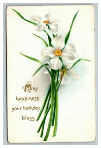 Vintage 1909 Tuck's Birthday Postcard Beautiful White Flowers Gold Lettering