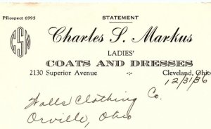 1936 CHARLES S MARKUS LADIES COATS-DRESSES CLEVELAND OH BILLHEAD STATEMENT Z1393