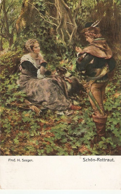 Prof. H. Seeger. Couple.In woods Fine painting vintage German postcard