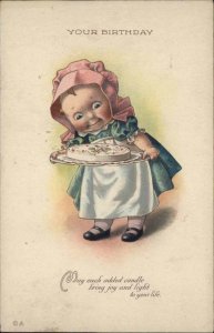 Little Girl in Bonnet Presents Birthday Cake c1910 Vintage Postcard