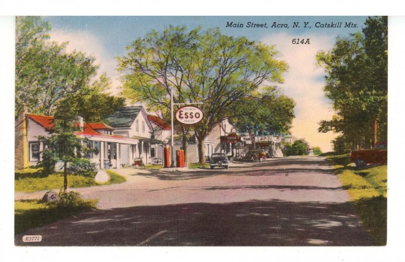 NY - Acra. Main Street & Colonial Esso Gas Station ca 1949  (crease)