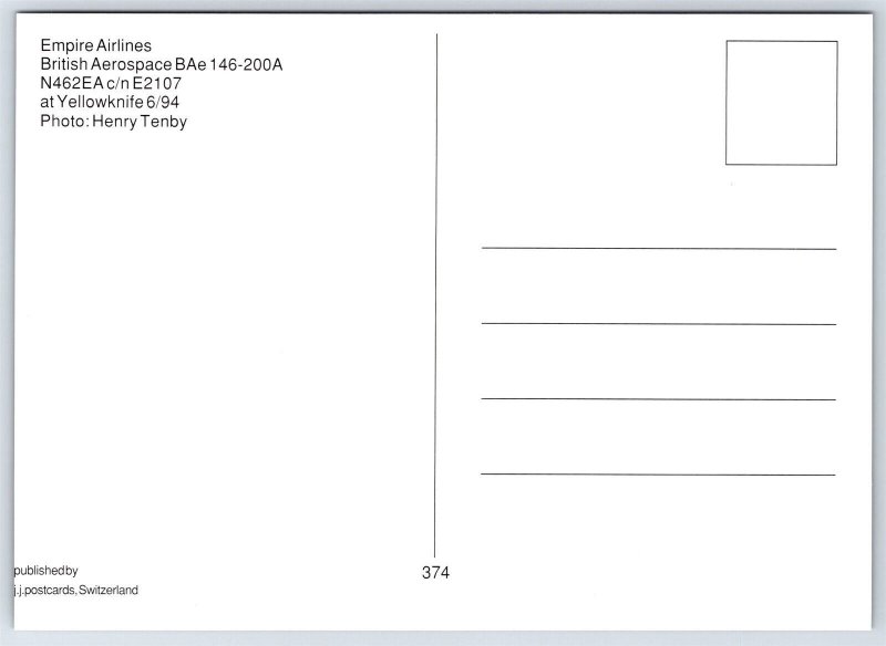 Airplane Postcard Empire Airlines Airways BAe 146-200A N462EA Yellowknife FJ3
