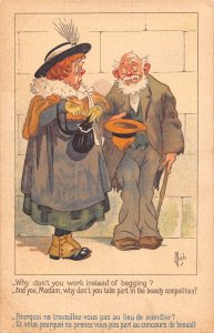 L058 Old Lady and beggar comic humor signed Mich postcard