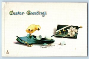 Easter Postcard Greetings Baby Chick And Eggs Flowers Embossed Tuck c1910's