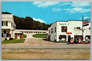 Postcard Coudersport PA c1950s Paul’s Motel & Exxon Gas Station Roadside Route 6