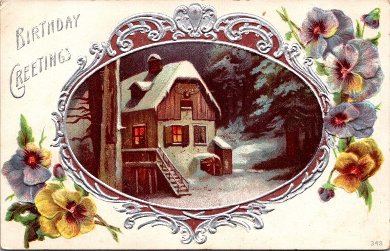 Birthday Greetings Postcard Snow Covered House Pansy Flowers