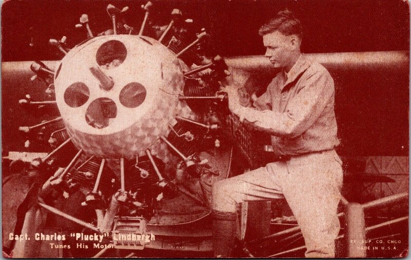 Postcard Captain Charles Plucky Lindbergh Tuning His Airplane Motor~4601