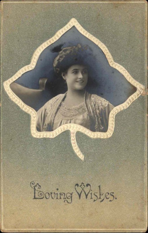 Beautiful Woman Real Photo Embossed Leaf Border c1910 Vintage Postcard