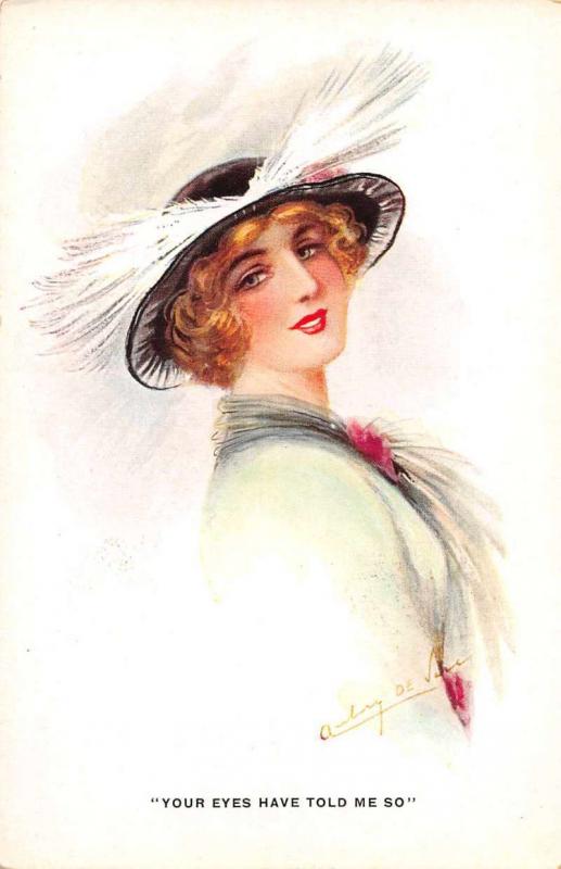 Lady Black Hat White Feathers Artist Signed Antique Postcard J66863