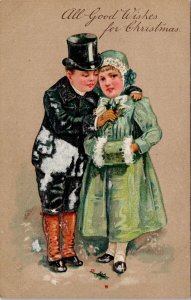 Good Wishes For Christmas Boy Girl Top Hat Snow Embossed Langsdorf Postcard G36