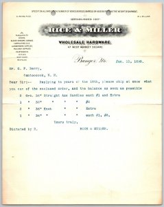 1895  Bangor  Maine   Rice & Miller  Hardware  Receipt 10 x 8