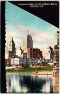 Cincinnati Ohio OH, Skyline Through Arch of Suspension Bridge, Vintage Postcard