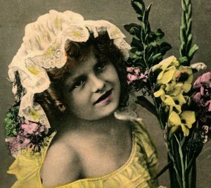 Young Girl Spring Dress Orchids Flowers 1908 Postcard Drew Mississippi Cancel P8