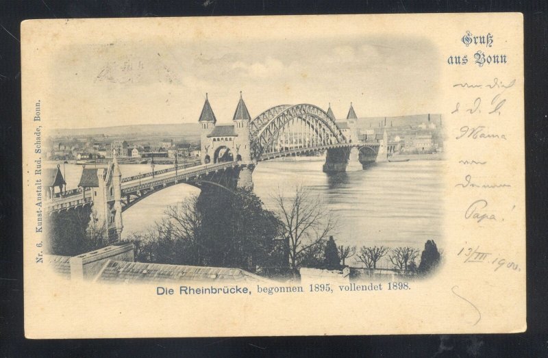 1900 GRUSS AUS BONN DIE RHEINBRUCKE BRIDGE GERMANY VINTAGE POSTCARD STAMP