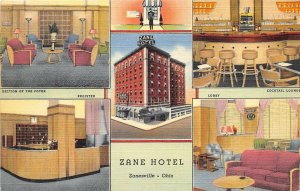 Zanesville Ohio 1940s Postcard Zane Hotel Foyer Cocktail Lounge Lobby