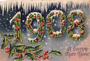 Happy New Year Greeting 1909 Holly Berries postcard