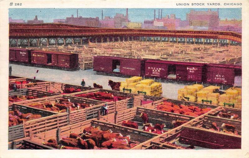 Chicago Illinois~Union Stock Yards~Cattle Pens~Horse Pulling Hay Cart~1941 Linen