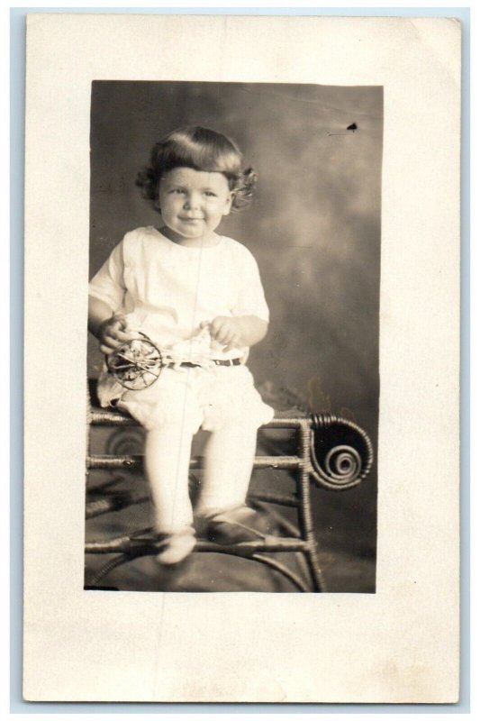 c1910's Cute Little Boy Curly Hair With Toy Studio RPPC Photo Antique Postcard