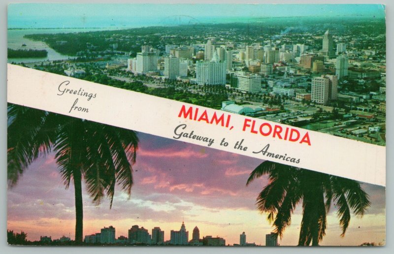 Miami Florida~Air View of City & Palm Skyline At Sunset~Vintage Postcard