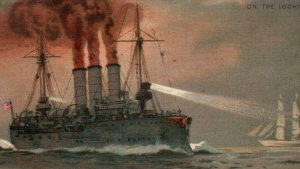 WWI Willy Stower Art United States Flag USS Battleship on the Lookout 1910s