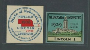 1938-1939 Lincoln Ne Dept Of Roads&Irrigation 2 Labels Mint Inspection Certified