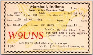 1933 QSL Radio Card Code W9UNS Marshall Indiana Amateur Station Posted Postcard