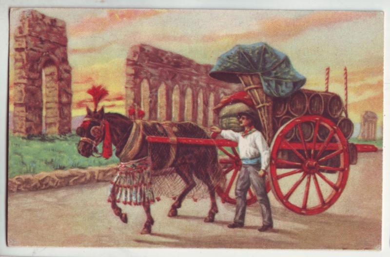 P1027 old card italy roma-carro da vino colorful horse and cart