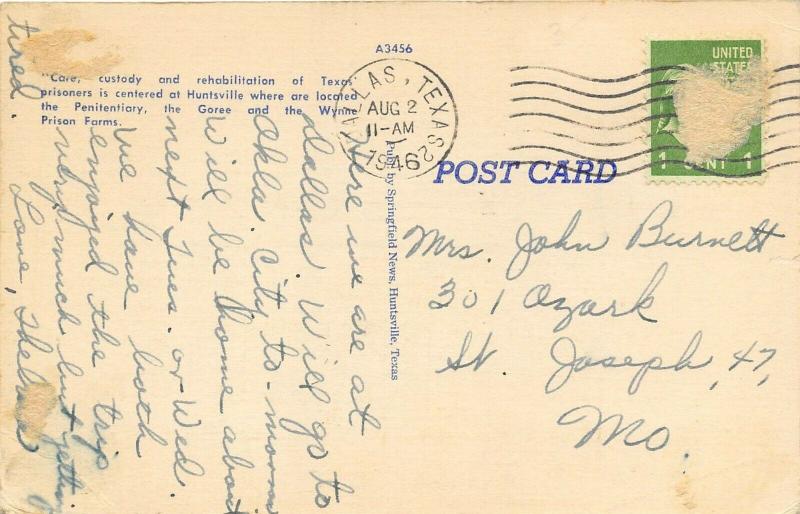 Huntsville Texas 1946 Postcard Wynne Prison Goree Women Prison Penitentiary