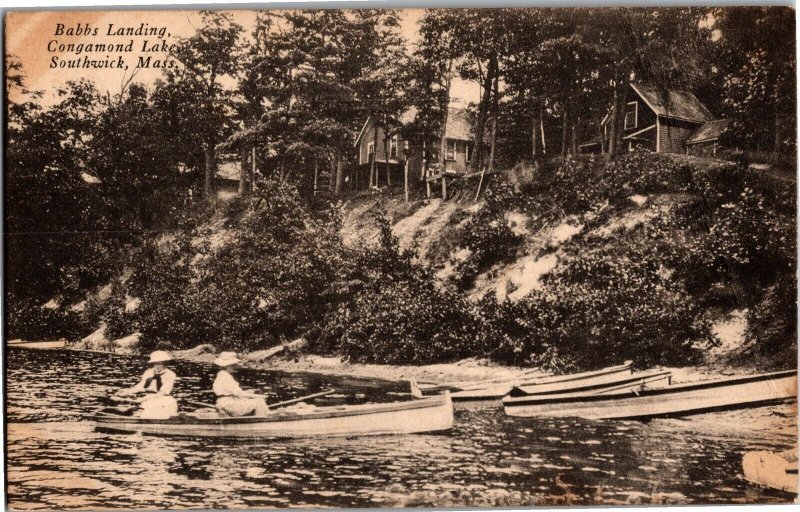 Women in Boat at Babbs Landing Congamond Lakes Southwick MA Vintage Postcard T19