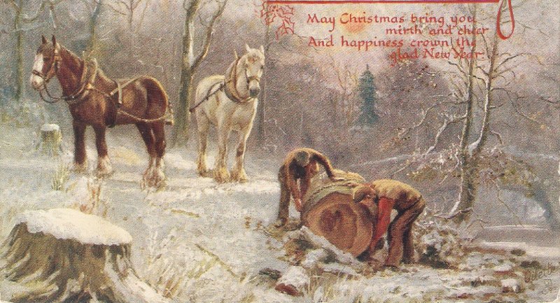 Horses. Men at work Tuck Oilette Holly Days Ser. PC # 9955