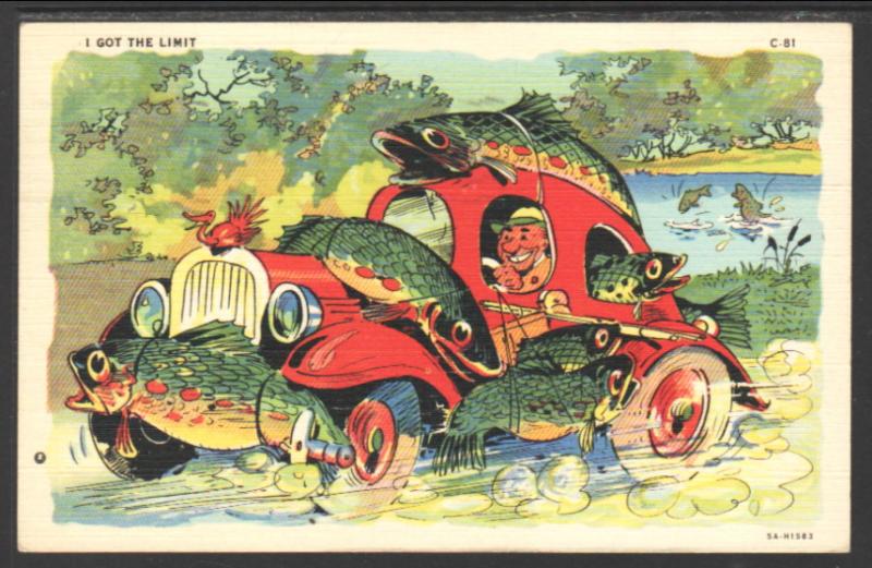 Exaggerated Fish,Car,Comic Postcard