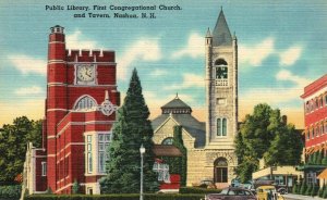 Vintage Postcard 1930's Public Library Forst Congregational Church & Tavern NH 