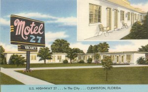 Linen Postcard 2 Views Motel 27, Clewiston FL US Hwy 27 Unposted XLNT Hendry Co.